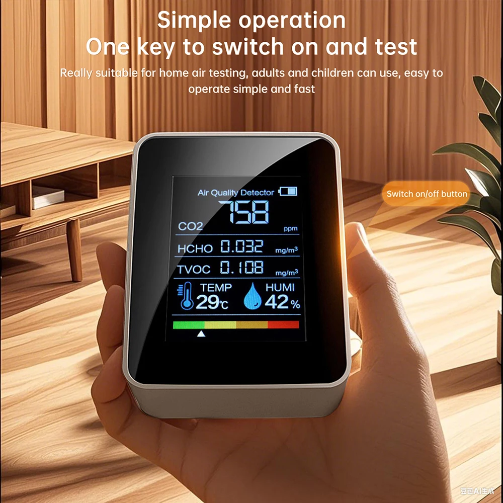 Air Quality Monitor 5 in 1 Indoor CO2 Detector Formaldehyde Detection HCHO/TVOC/CO2/Temperature/Humidity Air Quality Monitor
Air Quality Monitor 5 in 1 Indoor CO2 Detector Formaldehyde Detection HCHO/TVOC/CO2/Temperature/Humidity Air Quality Monitor