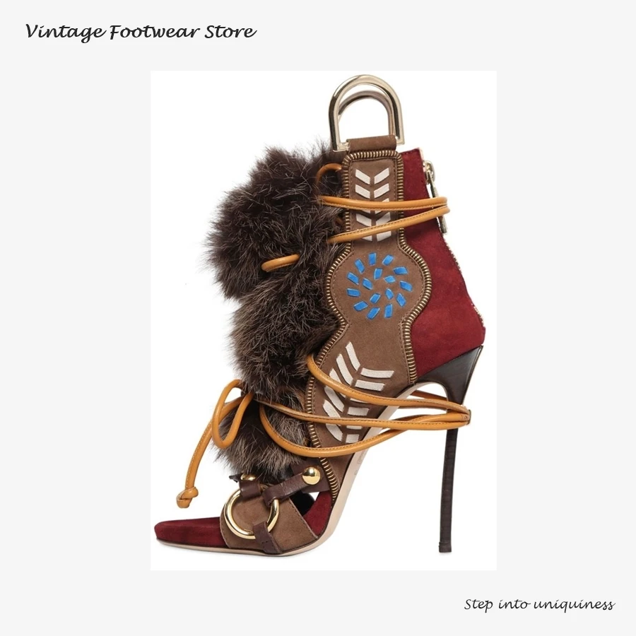 Vintage Faux Fur Tribal Inspired Sandals Round Open Toe Cross-tied Thin High Heels Spring Summer Runway Catwalk Back Zip Shoes
Vintage Faux Fur Tribal Inspired Sandals Round Open Toe Cross-tied Thin High Heels Spring Summer Runway Catwalk Back Zip Shoes