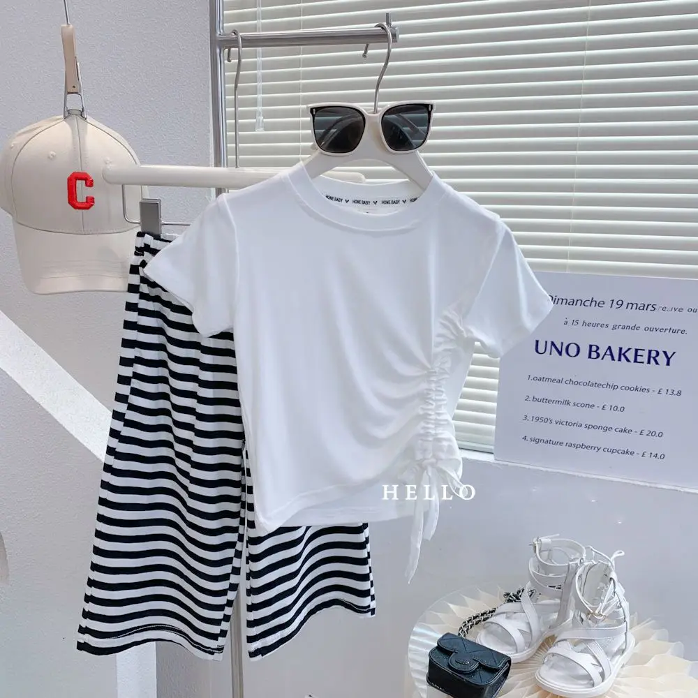 Thin Cool Children Clothes Sets 2023 Summer Kids Girls Short Sleeve Drawstring T-shirt+Loose Striped Pants 2Pcs Outfit Suit 1-6Y
Thin Cool Children Clothes Sets 2023 Summer Kids Girls Short Sleeve Drawstring T-shirt+Loose Striped Pants 2Pcs Outfit Suit 1-6Y