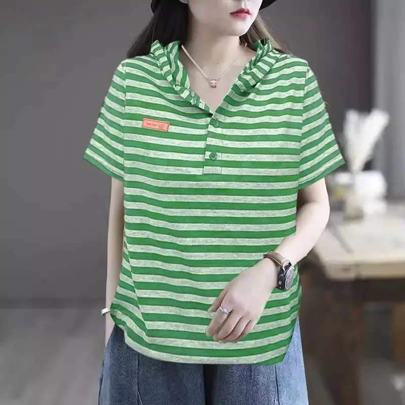 Plus-size Women's Spring and Summer New Arrival Color-blocking Loose Striped Slimming Short-sleeve Hooded T-shirt
Plus-size Women's Spring and Summer New Arrival Color-blocking Loose Striped Slimming Short-sleeve Hooded T-shirt