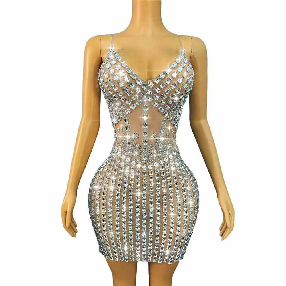 Sparkly Silver Rhinestones Short Dress for Women Sexy Mesh See Through Celebrate Evening Event Birthday Dress Photoshoot Wear
Sparkly Silver Rhinestones Short Dress for Women Sexy Mesh See Through Celebrate Evening Event Birthday Dress Photoshoot Wear