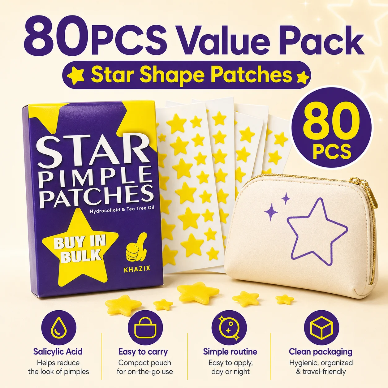 80PCS Yellow Star Acne Patches Salicylic Acid Hydrocolloid Pimple Patches Cute Spot Stickers for Face Makeup Day Night
80PCS Yellow Star Acne Patches Salicylic Acid Hydrocolloid Pimple Patches Cute Spot Stickers for Face Makeup Day Night
