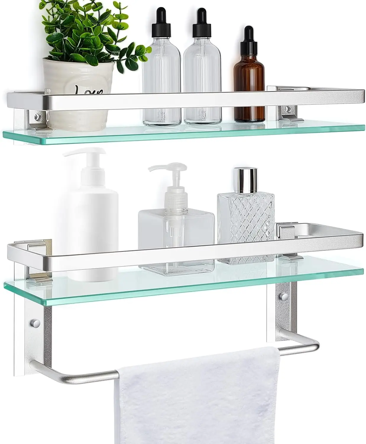 2-Pcs Contemporary Bathroom Shelf, 15.7 x 4.72 inches, Floating Shelves with Towel Bar, Tempered Glass, Wall Mount, Set of 2
2-Pcs Contemporary Bathroom Shelf, 15.7 x 4.72 inches, Floating Shelves with Towel Bar, Tempered Glass, Wall Mount, Set of 2