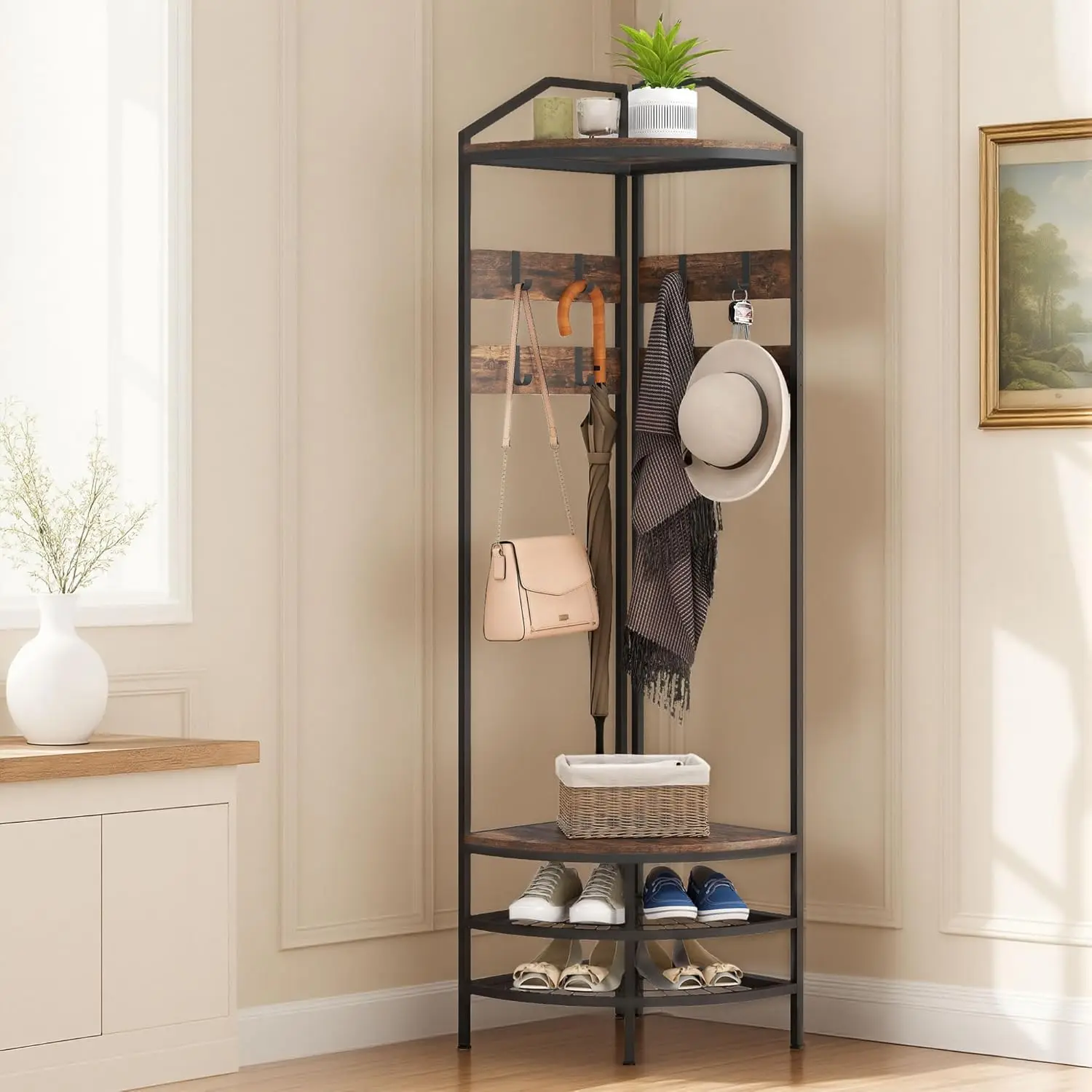 Corner Hall Tree, Industrial 4-Tier Coat Rack with Shoe Storage, 8 Movable Hooks and 2 Storage Shelves, Customized
Corner Hall Tree, Industrial 4-Tier Coat Rack with Shoe Storage, 8 Movable Hooks and 2 Storage Shelves, Customized