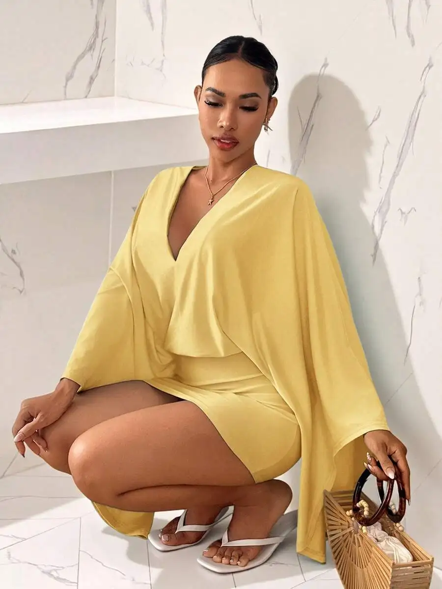 Elegant Yellow Deep V-Neck Batwing Sleeve Loose Bodycon Mini Dress For Date Vacation
Elegant Yellow Deep V-Neck Batwing Sleeve Loose Bodycon Mini Dress For Date Vacation