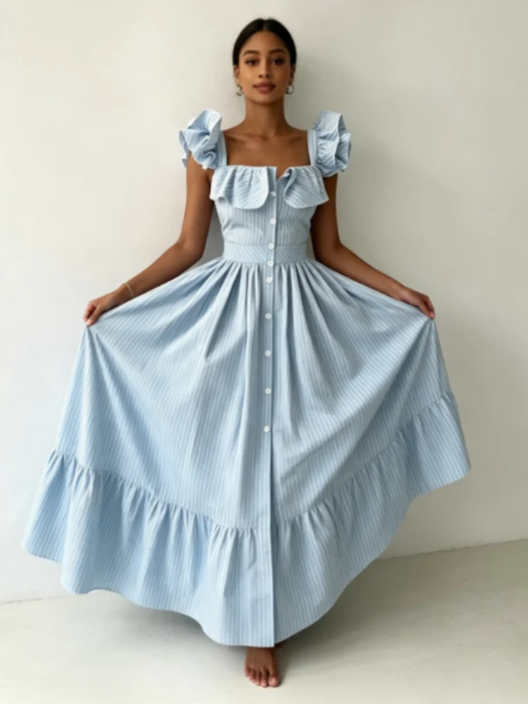 Striped Women's Maxi Dress Casual Square Neck Ruffle Cap Sleeve Button Front Long Vestidos Summer High Waist A Line Midi Dresses
Striped Women's Maxi Dress Casual Square Neck Ruffle Cap Sleeve Button Front Long Vestidos Summer High Waist A Line Midi Dresses