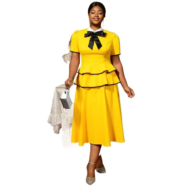 Vintage Yellow Midi Dress Peter Pan Collar with Bow Short Sleeves Tiered Ruffle Hem Contrast Trim Ideal for Tea Party or Causal
Vintage Yellow Midi Dress Peter Pan Collar with Bow Short Sleeves Tiered Ruffle Hem Contrast Trim Ideal for Tea Party or Causal