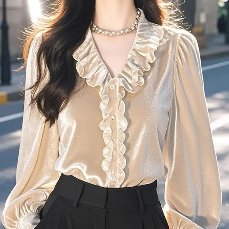 French Style Women Ruffles V Neck Lantern Sleeve Velvet Top Shirt , Woman Spring Fall Woman Velour Tops Shirts
French Style Women Ruffles V Neck Lantern Sleeve Velvet Top Shirt , Woman Spring Fall Woman Velour Tops Shirts