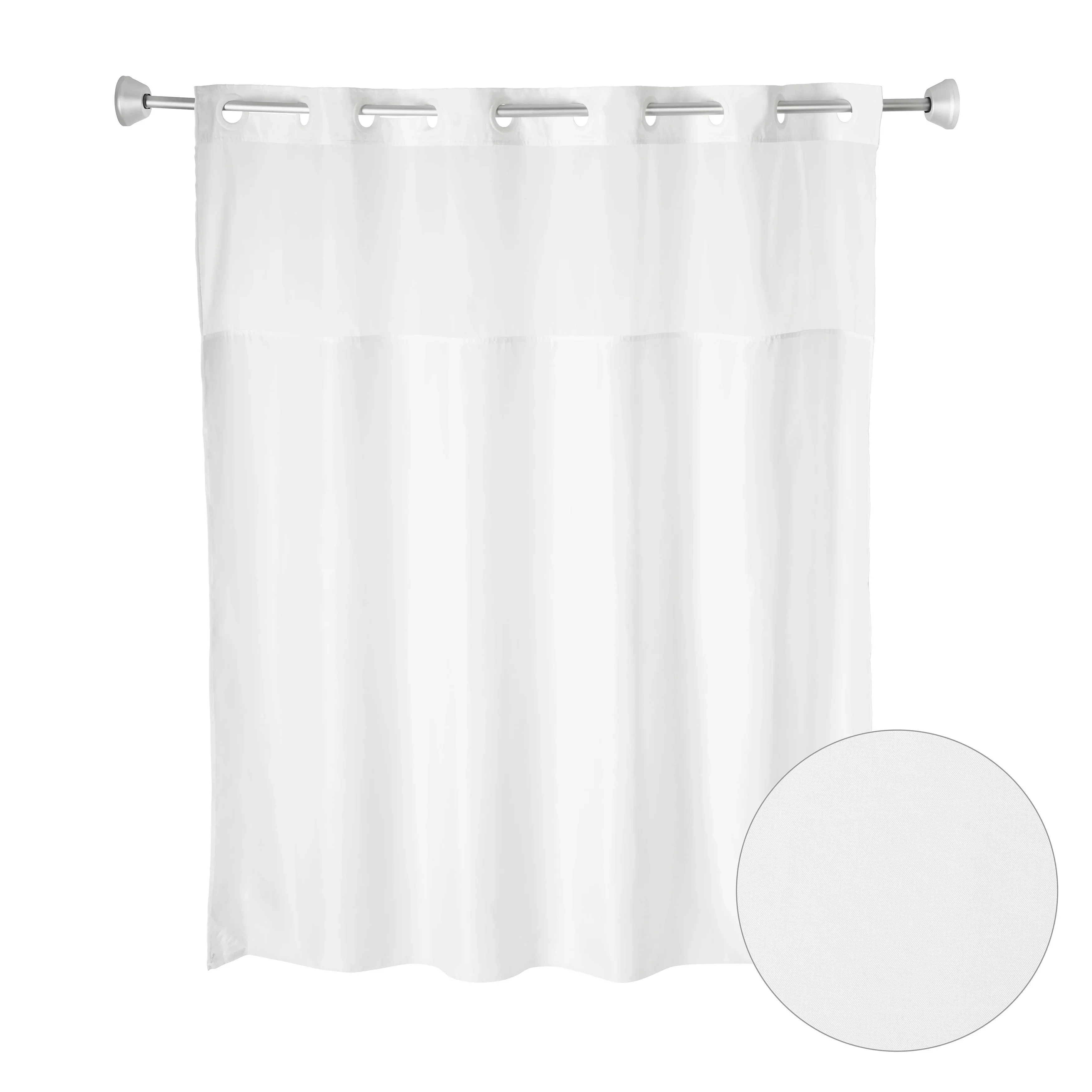 Plainweave shower curtain with window and snap-in liner measuring 71 inches by 77 inches
Plainweave shower curtain with window and snap-in liner measuring 71 inches by 77 inches