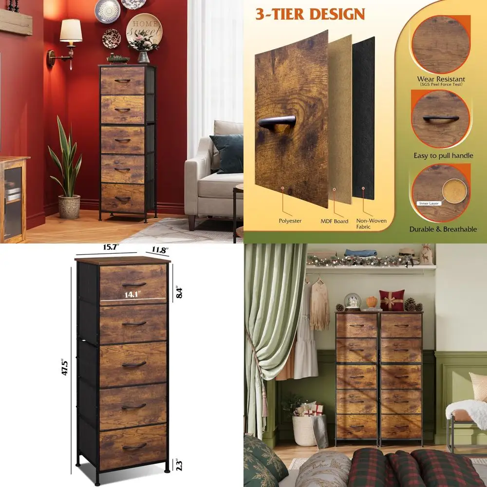 Rustic 5-Drawer Fabric Dresser with Storage Bins, Wooden Top, Steel Frame for Bedroom, Closet, or Hallway
Rustic 5-Drawer Fabric Dresser with Storage Bins, Wooden Top, Steel Frame for Bedroom, Closet, or Hallway