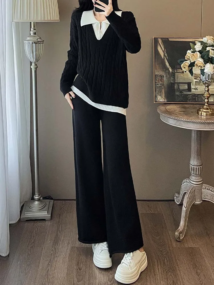 Высококачественный вязаный свитер с лацканами + широкие брюки, комплект из двух предметов, новинка 2025, модная осенняя женская одежда
Высококачественный вязаный свитер с лацканами + широкие брюки, комплект из двух предметов, новинка 2025, модная осенняя женская одежда