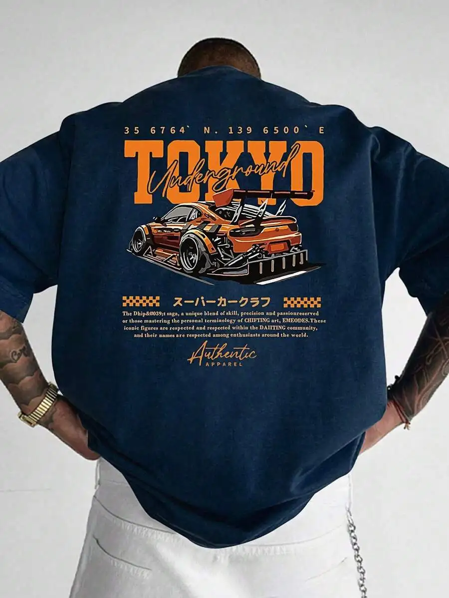 Men's Navy Blue Loose Fit Graphic Tee with Racing Car Print
Men's Navy Blue Loose Fit Graphic Tee with Racing Car Print