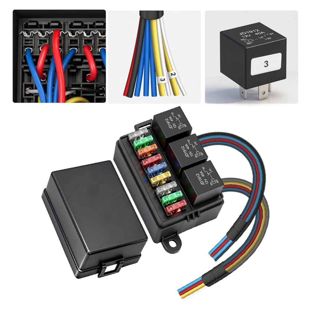 3-relay Fuse Block 12V Relay Fuse Box Black Automotive Relay Pre-wired Color-coded Wiring Three 4-pin 40A Relays
3-relay Fuse Block 12V Relay Fuse Box Black Automotive Relay Pre-wired Color-coded Wiring Three 4-pin 40A Relays
