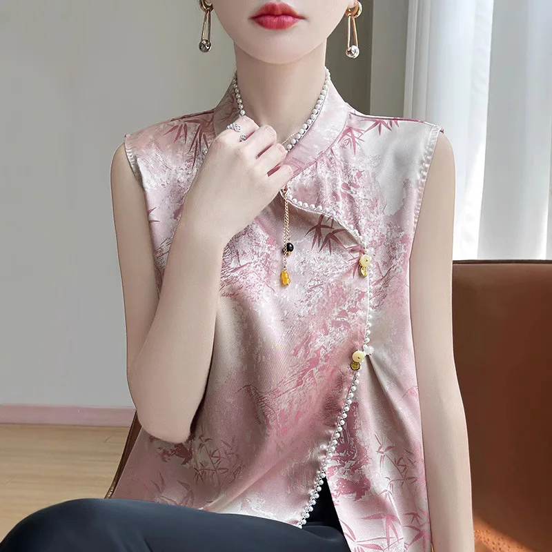 Women Satin New Chinese Jacquard Flower Tang Clothes Mandarin Collar Pearl Trim Blouse Elegant Cheongsam Outwear Summer Vest
Women Satin New Chinese Jacquard Flower Tang Clothes Mandarin Collar Pearl Trim Blouse Elegant Cheongsam Outwear Summer Vest