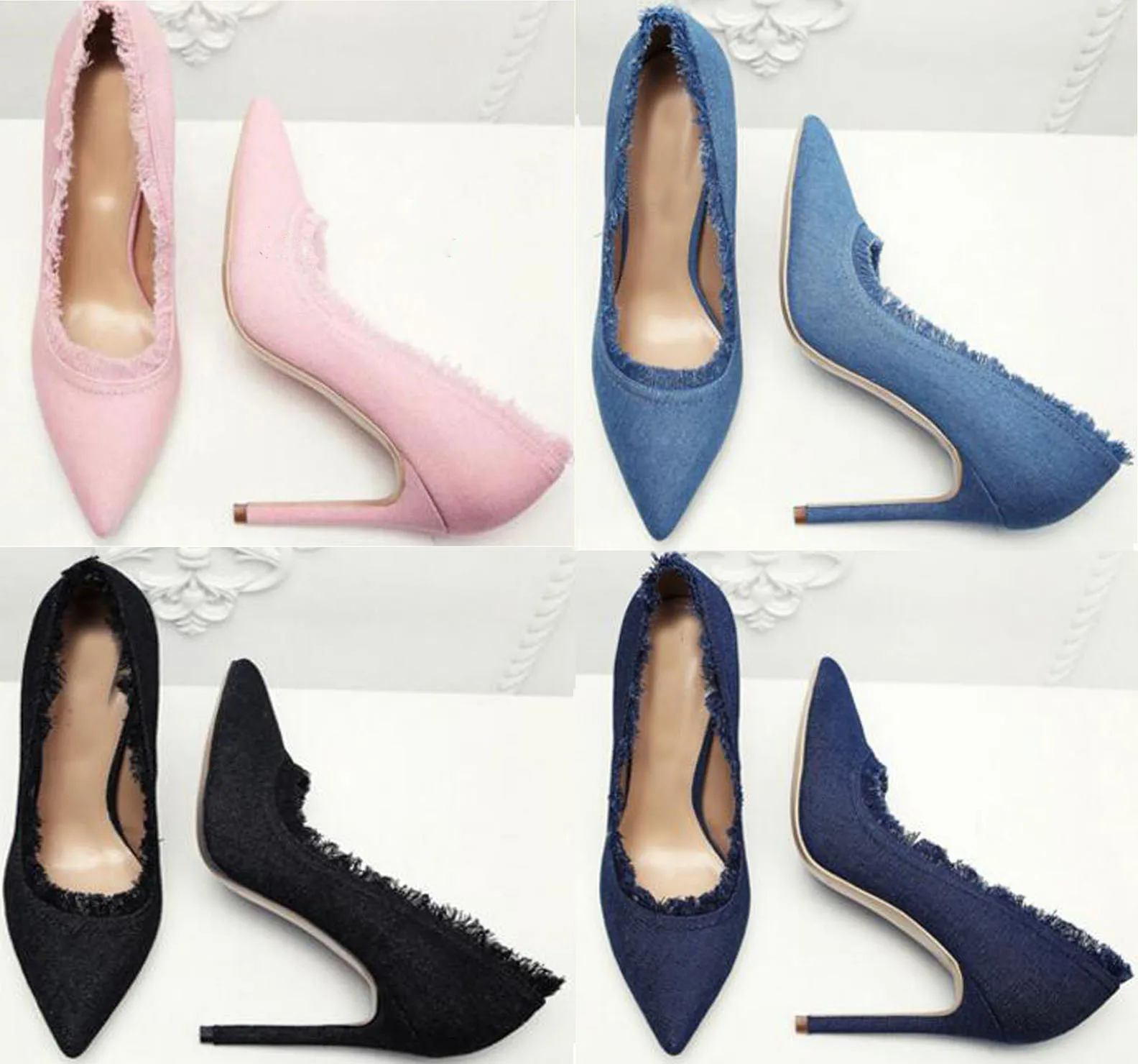 Women Fringes Slip-On Blue Pink Denim Pumps 12cm High Heel Pointed Toe Frazzle Tassel Jeans Pumps Formal Dress Shoes
Women Fringes Slip-On Blue Pink Denim Pumps 12cm High Heel Pointed Toe Frazzle Tassel Jeans Pumps Formal Dress Shoes