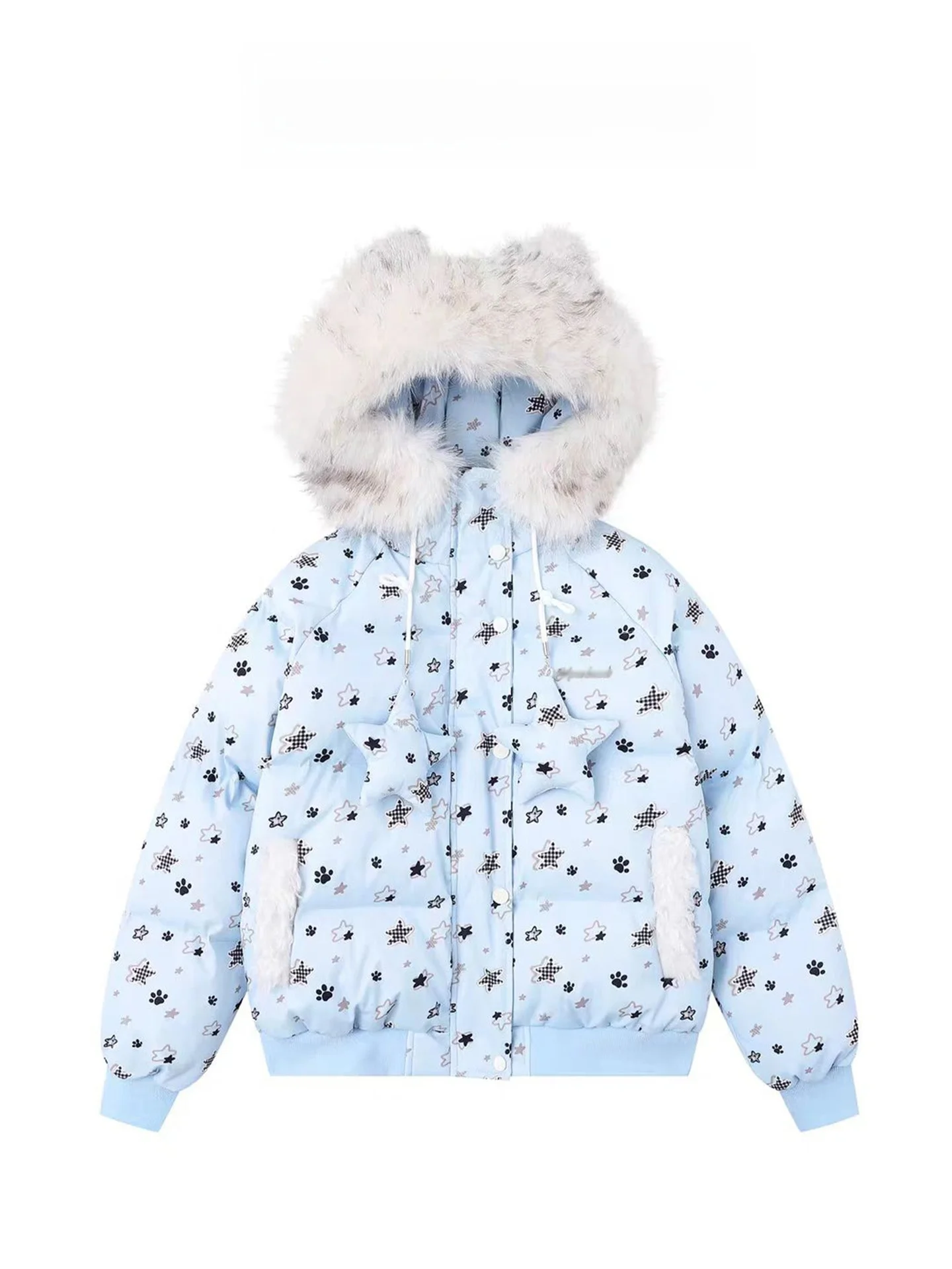 Sweet Adorable Star Print Bear Fur Collar Hooded Cotton Jaet Women's Winter Warm Bread Sle Thiened Outerwear Coat
Sweet Adorable Star Print Bear Fur Collar Hooded Cotton Jaet Women's Winter Warm Bread Sle Thiened Outerwear Coat
