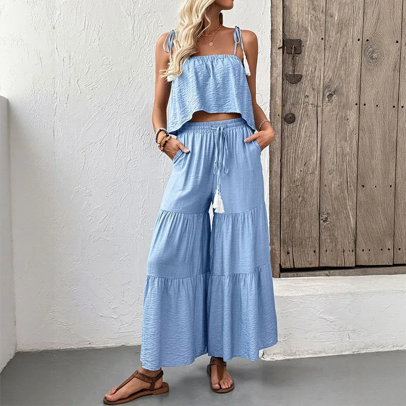 Women's Matching Sets Tank Strap Light Blue Camisole Two Piece Set Summer Sweet Sleeveless Top Wide Leg Pants Boho Style
Women's Matching Sets Tank Strap Light Blue Camisole Two Piece Set Summer Sweet Sleeveless Top Wide Leg Pants Boho Style
