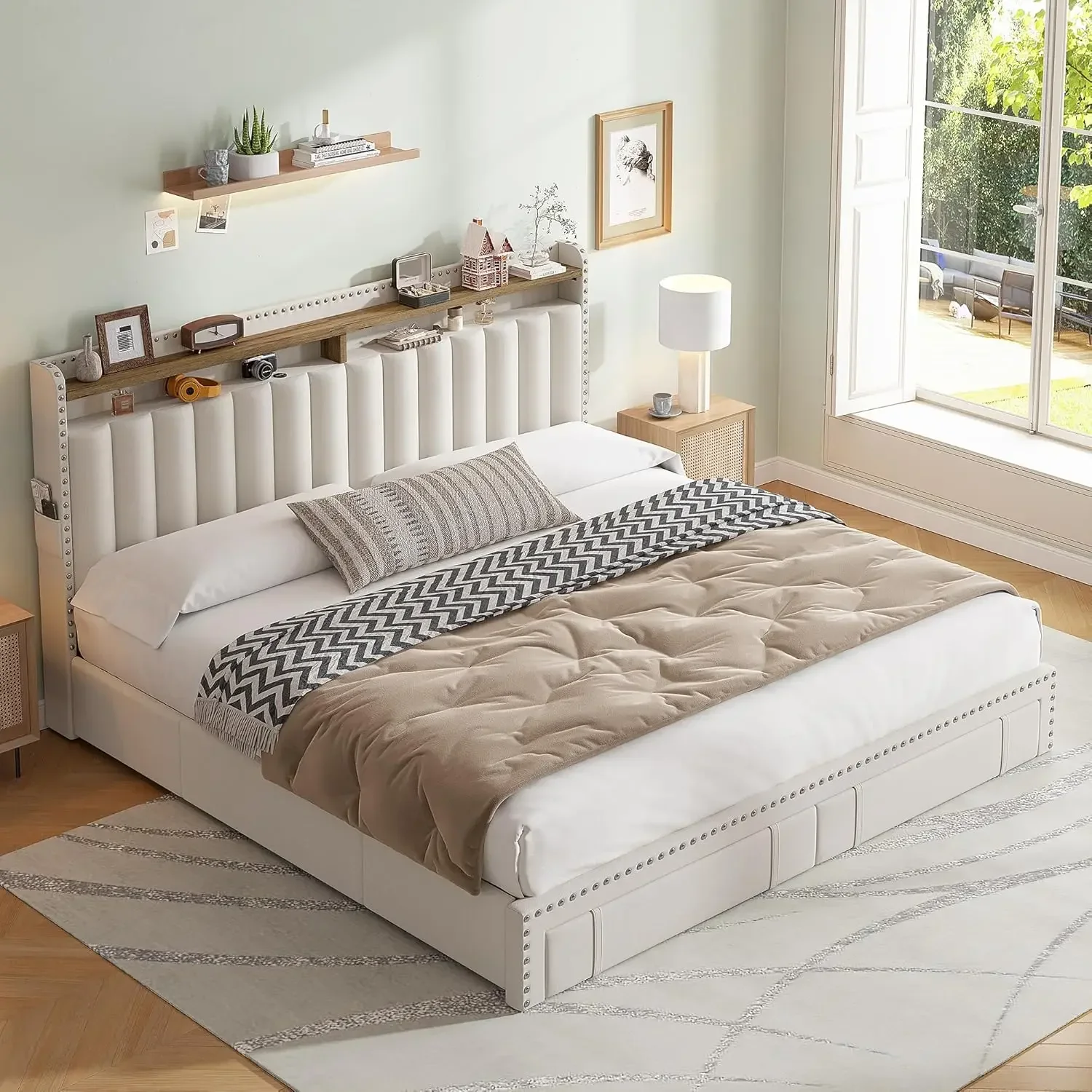 King Size Bed Frame with 4 Storage Drawers, Upholstered King Bed Frame and Headboard, 2-Tier Shelves, 1200LBS for Strong Support
King Size Bed Frame with 4 Storage Drawers, Upholstered King Bed Frame and Headboard, 2-Tier Shelves, 1200LBS for Strong Support