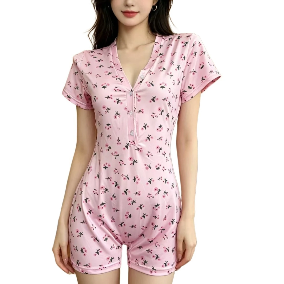 Summer Women's Cherry Printed V-Neck Single-breasted Slim-fit Basic Short Sleeve Jumpsuit Shorts
Summer Women's Cherry Printed V-Neck Single-breasted Slim-fit Basic Short Sleeve Jumpsuit Shorts