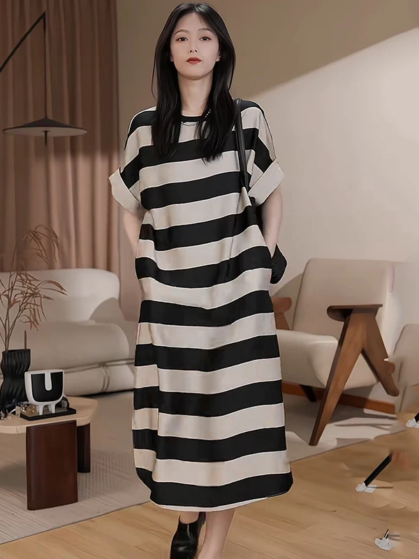 Comfortable Loose Long Dr round Ne Striped Color Korean Sle Summer Gtuq Women's Faion plus Size Dr
Comfortable Loose Long Dr round Ne Striped Color Korean Sle Summer Gtuq Women's Faion plus Size Dr