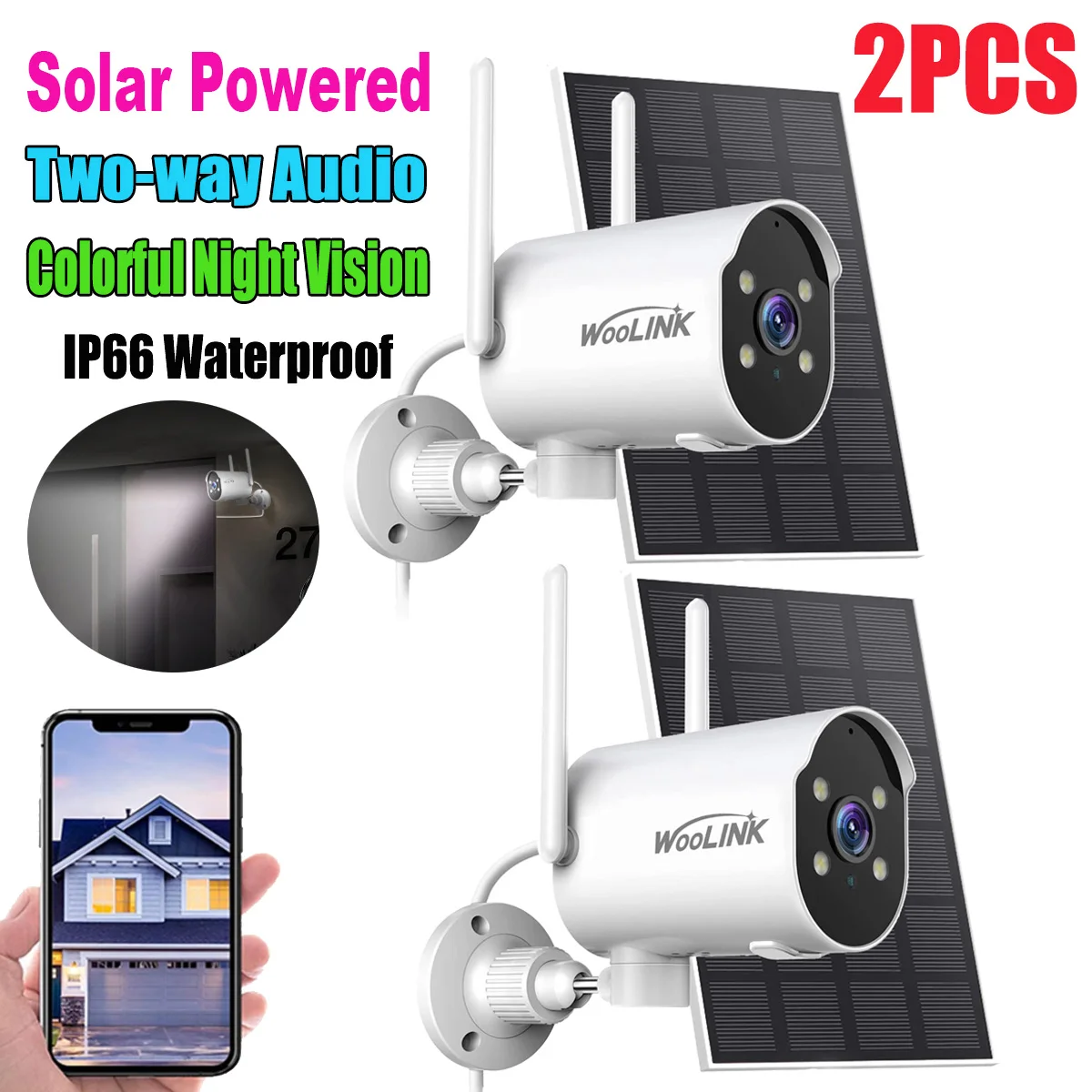 2PK Security Camera Outdoor WiFi Solar Battery Powered Camera Home Safety Protection,Night Vision,Waterproof,Pan Rotating 225°
2PK Security Camera Outdoor WiFi Solar Battery Powered Camera Home Safety Protection,Night Vision,Waterproof,Pan Rotating 225°