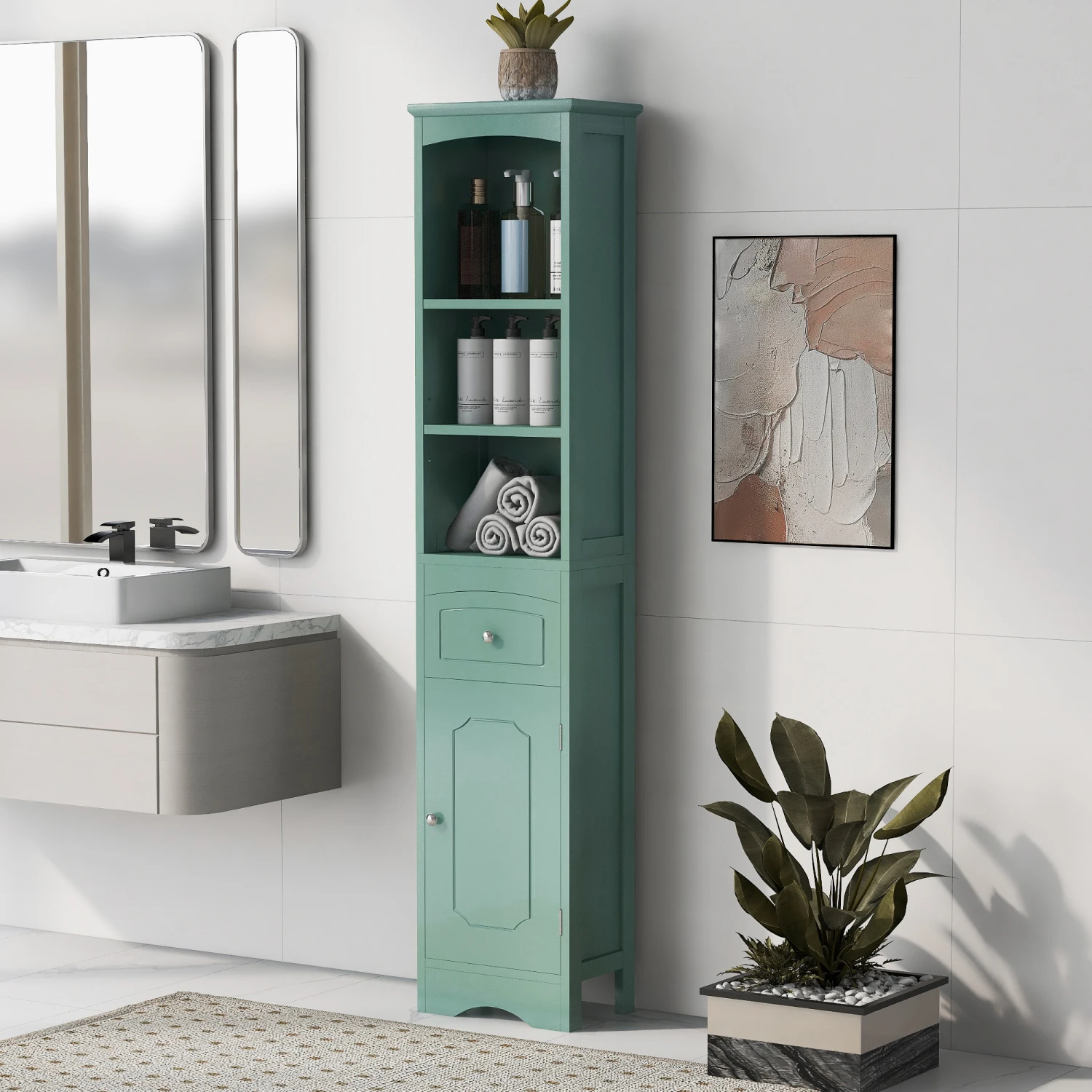 Tall Bathroom Cabinet, Freestanding Storage Cabinet with Drawer, MDF Board, Adjustable Shelf, Green
Tall Bathroom Cabinet, Freestanding Storage Cabinet with Drawer, MDF Board, Adjustable Shelf, Green