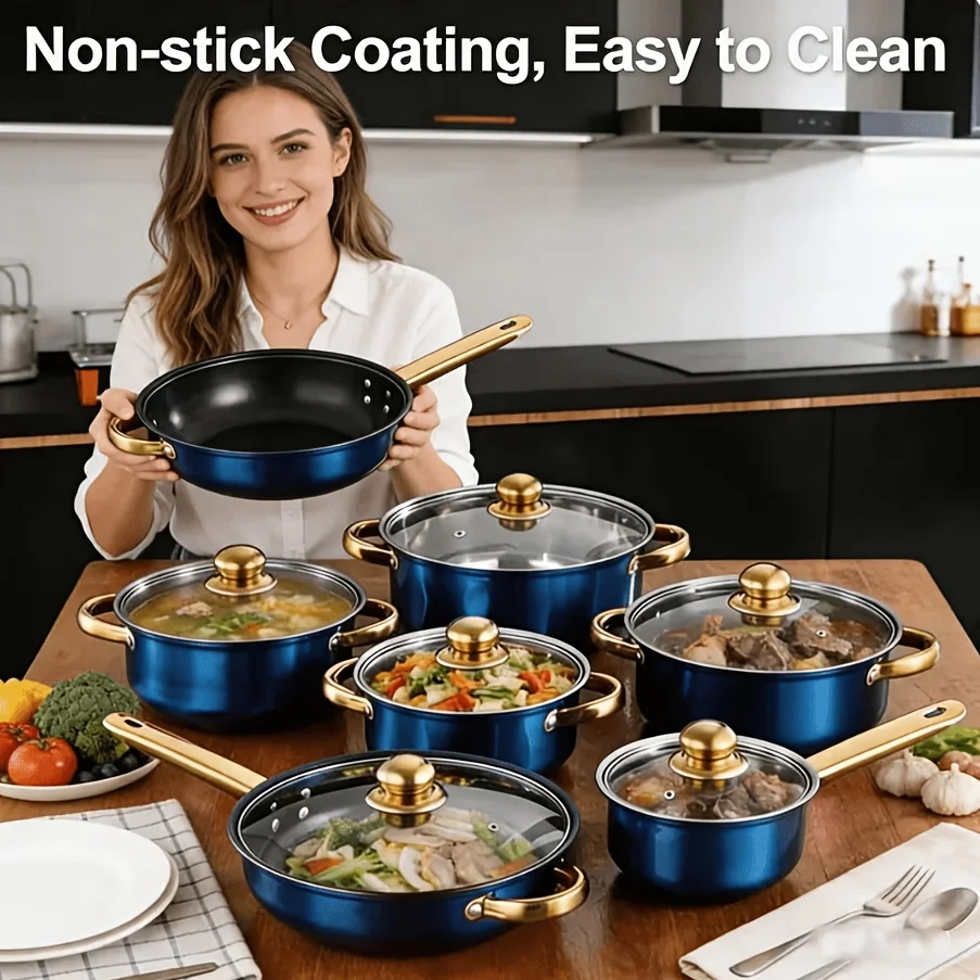 12pcs Stainless Steel Cookware Set with Golden Handles - Non-Stick, Easy-Clean, Multi-Size Pots And Pans for Induction/Gas/Cera
12pcs Stainless Steel Cookware Set with Golden Handles - Non-Stick, Easy-Clean, Multi-Size Pots And Pans for Induction/Gas/Cera