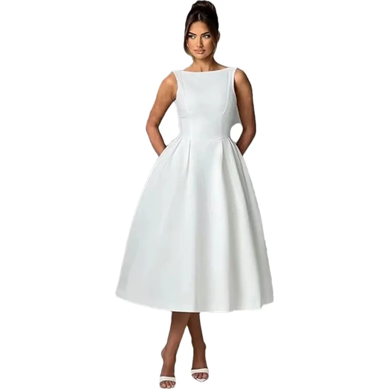 Customized Simple Elegant O-Neck Satin Midi Prom Dress Tea Length Backless A Line Formal Evening Party Bridal Gowns with Pockets
Customized Simple Elegant O-Neck Satin Midi Prom Dress Tea Length Backless A Line Formal Evening Party Bridal Gowns with Pockets