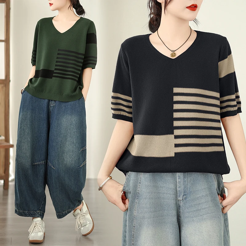 Breathable Knitted Loose Short Sleeve round Neck Top Women's Summer New Style Color Block Simple Commute T-Shirt Casual Style
Breathable Knitted Loose Short Sleeve round Neck Top Women's Summer New Style Color Block Simple Commute T-Shirt Casual Style
