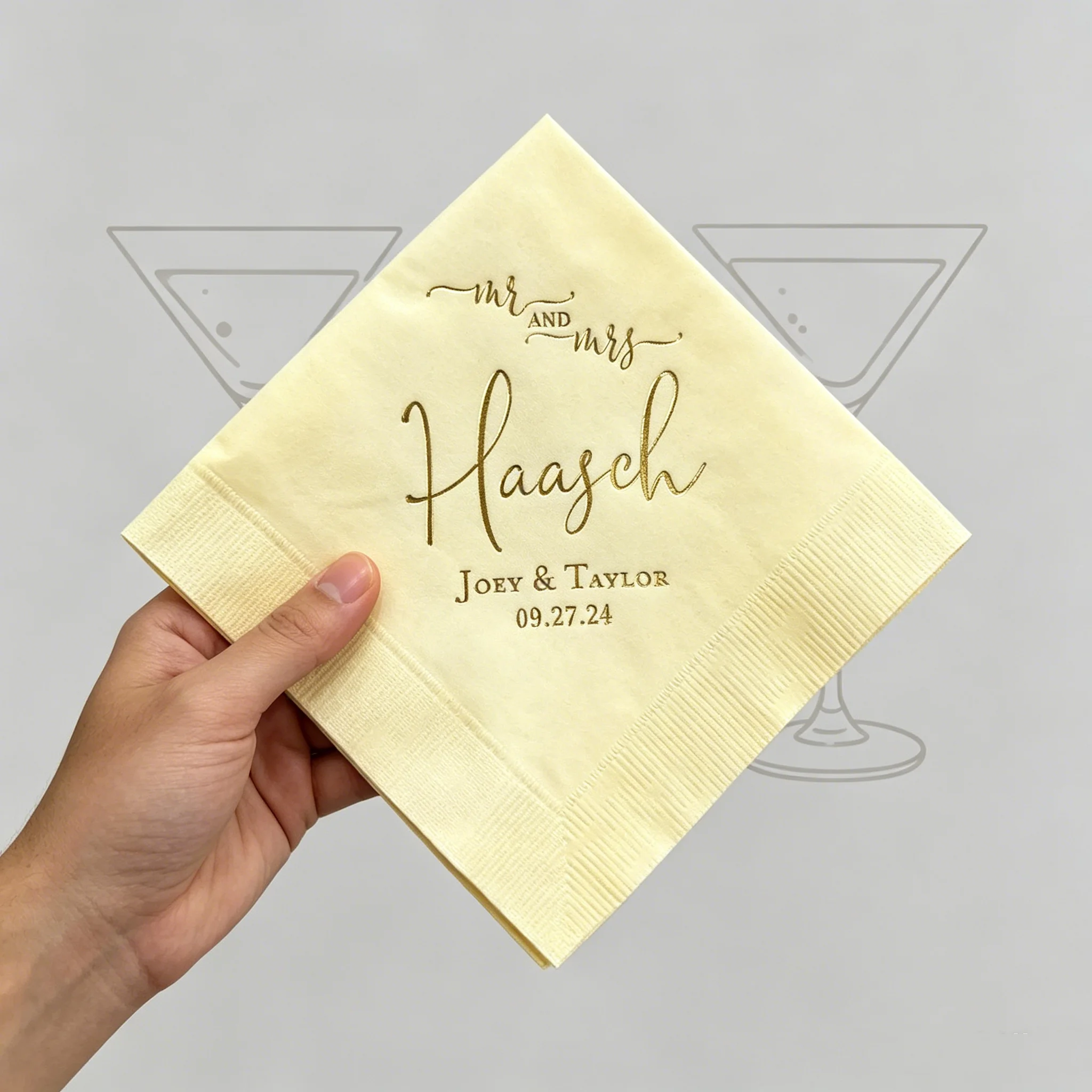 50pcs Personalized Mr & Mrs Cocktail Napkins, Custom Last Name, Names & Date Disposable Paper Napkins, Gold Foil Print, for Wedd
50pcs Personalized Mr & Mrs Cocktail Napkins, Custom Last Name, Names & Date Disposable Paper Napkins, Gold Foil Print, for Wedd