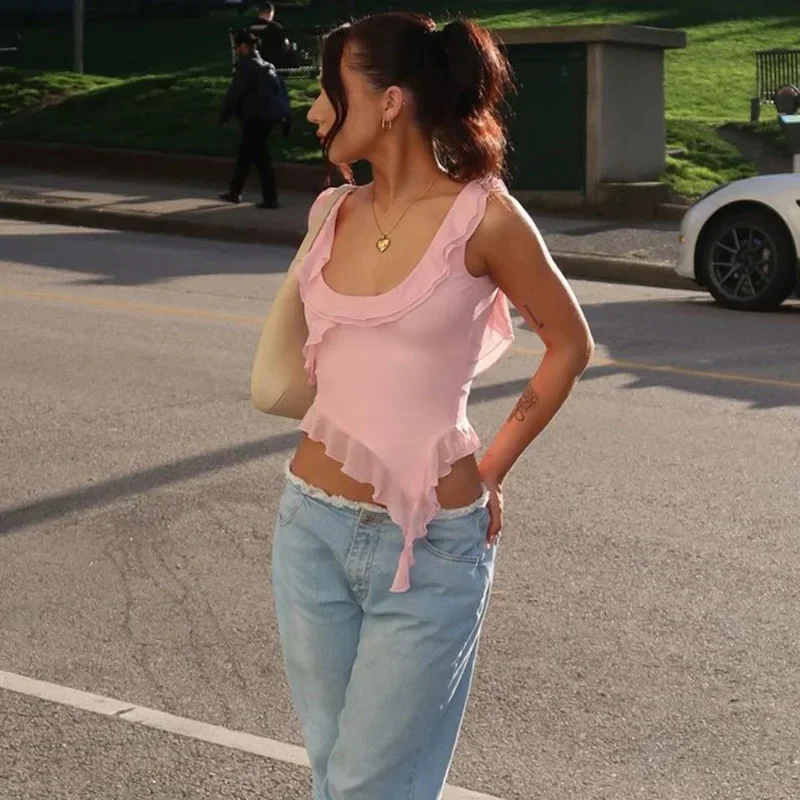 Fashion O-neck Sleeveless Tank Top Sexy Ruffles Backless Irregular Crop Tops 2024 Summer Casual Streetwear Women Camis
Fashion O-neck Sleeveless Tank Top Sexy Ruffles Backless Irregular Crop Tops 2024 Summer Casual Streetwear Women Camis