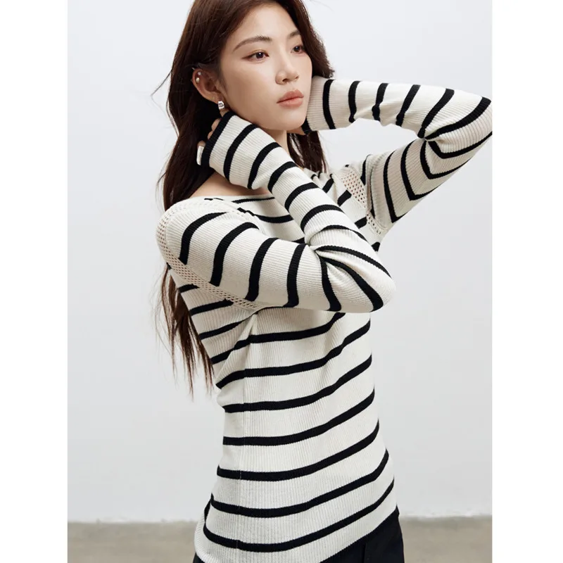 Autumn Hollow Out Striped Sweater Women Wool Blend Round Neck Long-Sleeve Slim Knitwear Tops
Autumn Hollow Out Striped Sweater Women Wool Blend Round Neck Long-Sleeve Slim Knitwear Tops