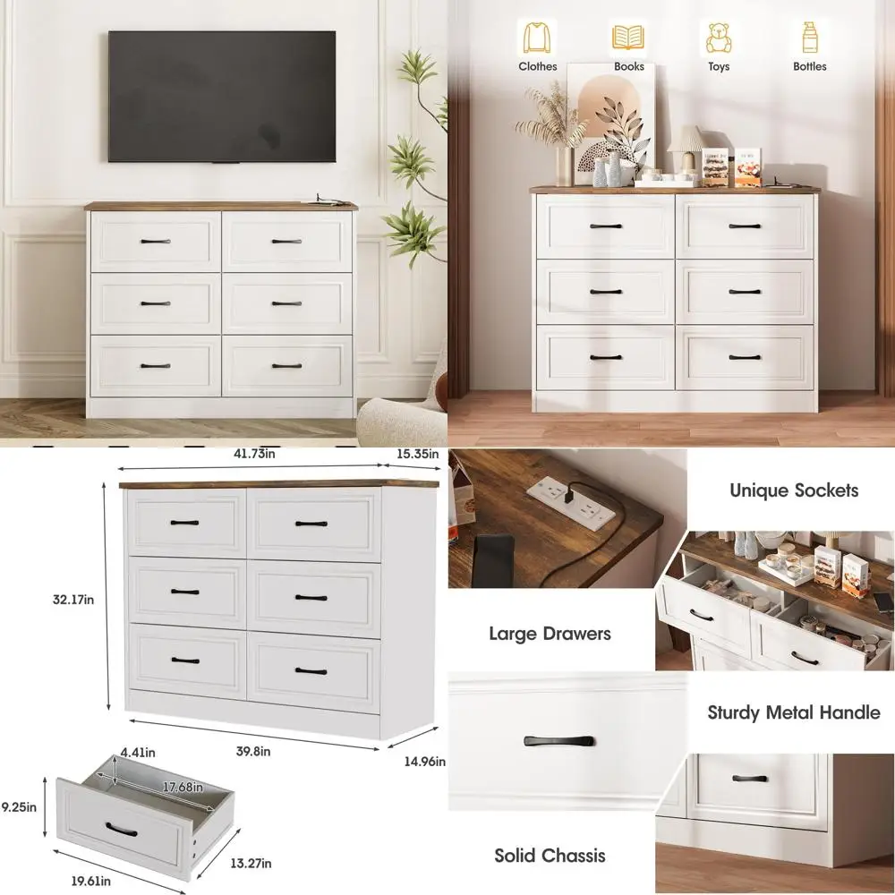 6-Drawer Wide Dresser with Charging Station, White Metal Handles
6-Drawer Wide Dresser with Charging Station, White Metal Handles
