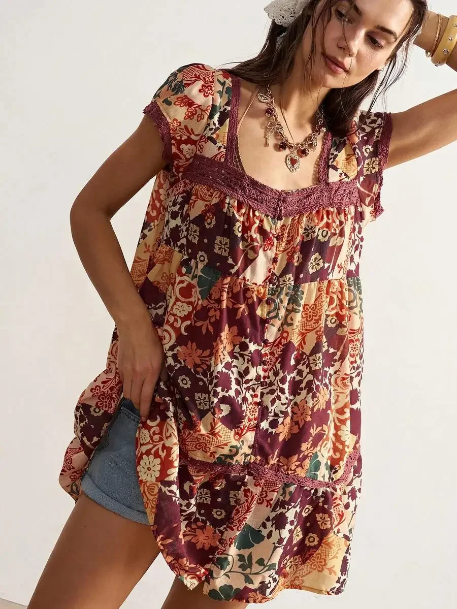 Bohemian Floral Print Ruffle Hem Peasant Top Casual Summer Blouse For Women
Bohemian Floral Print Ruffle Hem Peasant Top Casual Summer Blouse For Women