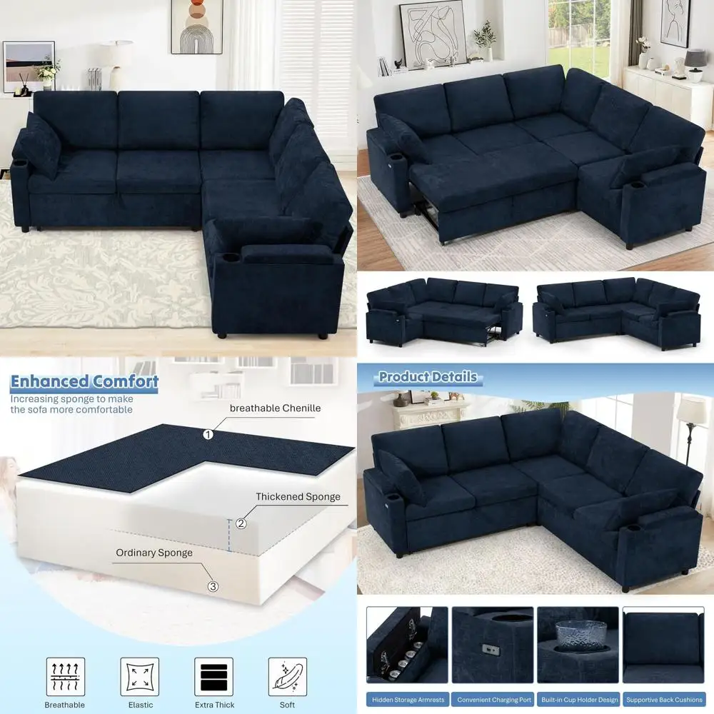 Reversible Chenille Sectional Sofa with Pull-Out Bed, L-Shaped Couch with Storage Armrests and Cup Holders, Sofa with USB Chargi
Reversible Chenille Sectional Sofa with Pull-Out Bed, L-Shaped Couch with Storage Armrests and Cup Holders, Sofa with USB Chargi
