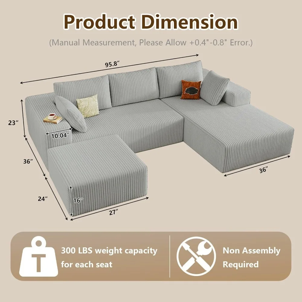 96" U-Shape Cloud Couch, Modern Modular Sectional L-Shape Sofa with Ottoman, Corduroy Upholstered Couches Deep Seat, Customized
96" U-Shape Cloud Couch, Modern Modular Sectional L-Shape Sofa with Ottoman, Corduroy Upholstered Couches Deep Seat, Customized