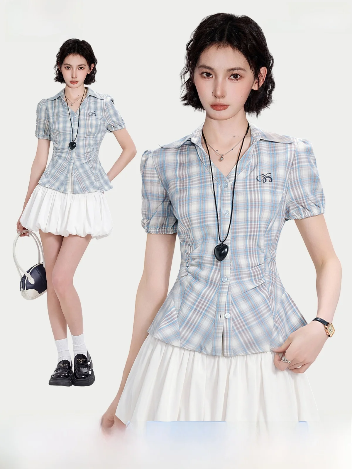 Blue Plaid Bubble Sleeve V-Neck Short Sleeve Shirt Women's Summer Slim Fit Waist-Cinching Blouse Top Korean Style Commute Wind
Blue Plaid Bubble Sleeve V-Neck Short Sleeve Shirt Women's Summer Slim Fit Waist-Cinching Blouse Top Korean Style Commute Wind