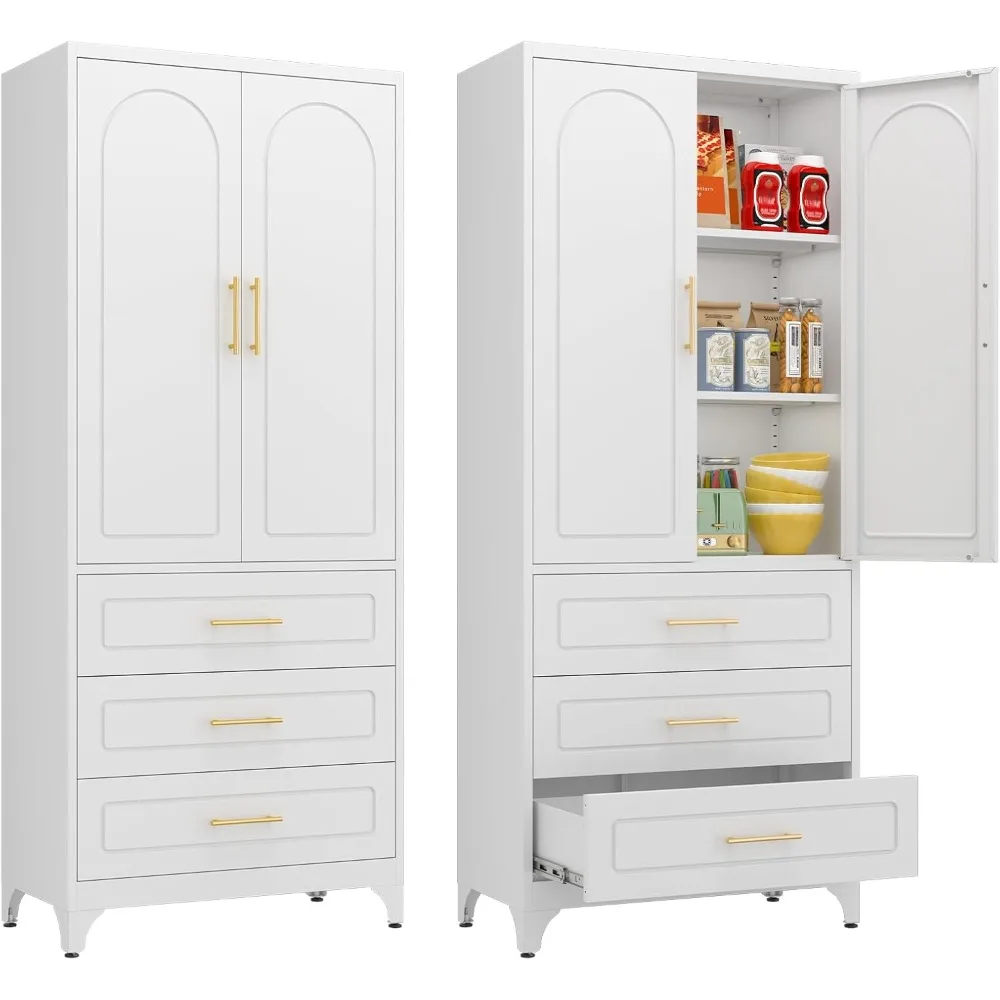 75 Inch Tall Freestanding Kitchen Pantry with Three Drawers, Doors, and Shelves, Metal Storage
75 Inch Tall Freestanding Kitchen Pantry with Three Drawers, Doors, and Shelves, Metal Storage