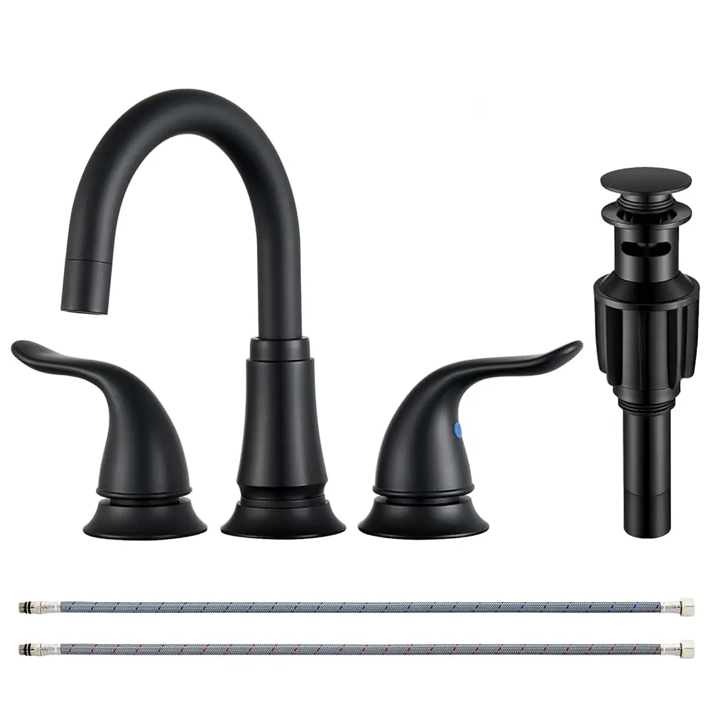 Matte Black Bathroom Faucet 3 Hole, 8 Inch Widespread Bathroom Sink Faucet with Pop-up Drain Assembly and Supply Lines, Two
Matte Black Bathroom Faucet 3 Hole, 8 Inch Widespread Bathroom Sink Faucet with Pop-up Drain Assembly and Supply Lines, Two