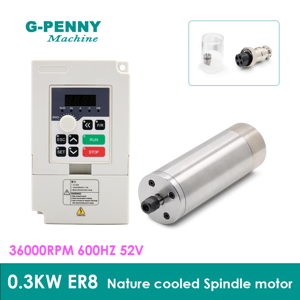 G-Penny 300W ER8 D48 AC Nature Cooled Spindle Motor 600HZ 36000RPM 52V, H100 Inverter Kit Use for Desktop Engraving Machine
G-Penny 300W ER8 D48 AC Nature Cooled Spindle Motor 600HZ 36000RPM 52V, H100 Inverter Kit Use for Desktop Engraving Machine