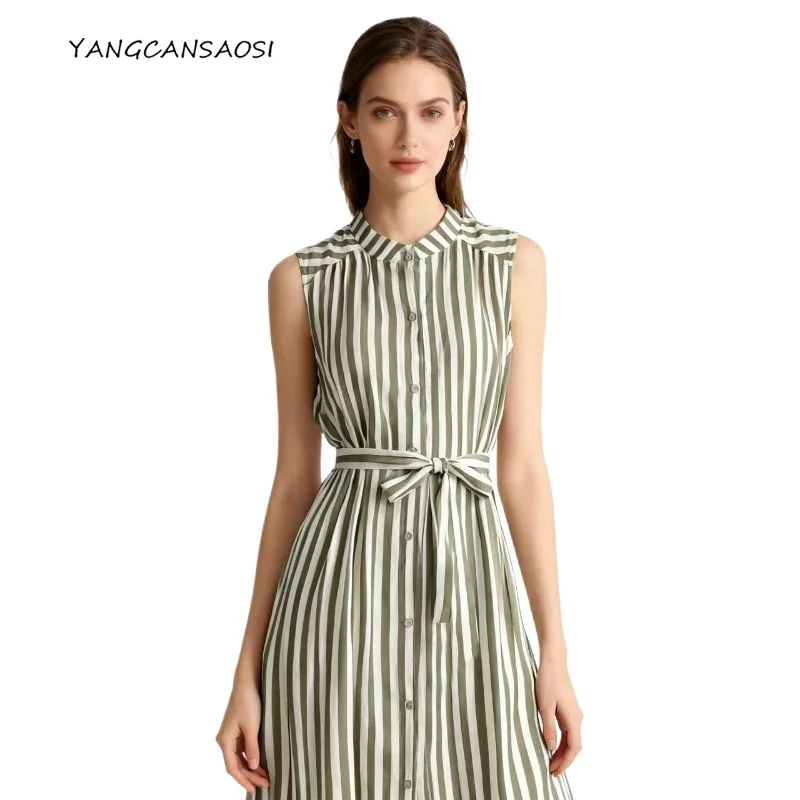 Elegant Olive Green White Vertical Stripe 100% Natural Mulberry Silk Sand Washed Electric Spinning Women's Casual Vest Dress
Elegant Olive Green White Vertical Stripe 100% Natural Mulberry Silk Sand Washed Electric Spinning Women's Casual Vest Dress