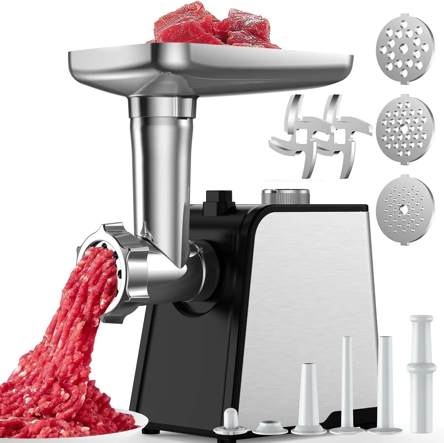 3200W Max Electric Meat Grinder & Sausage Stuffer with 2 Blades, 3 Plates, 3 Tubes & Kubbe Kit for Home Kitchen (Black)
3200W Max Electric Meat Grinder & Sausage Stuffer with 2 Blades, 3 Plates, 3 Tubes & Kubbe Kit for Home Kitchen (Black)