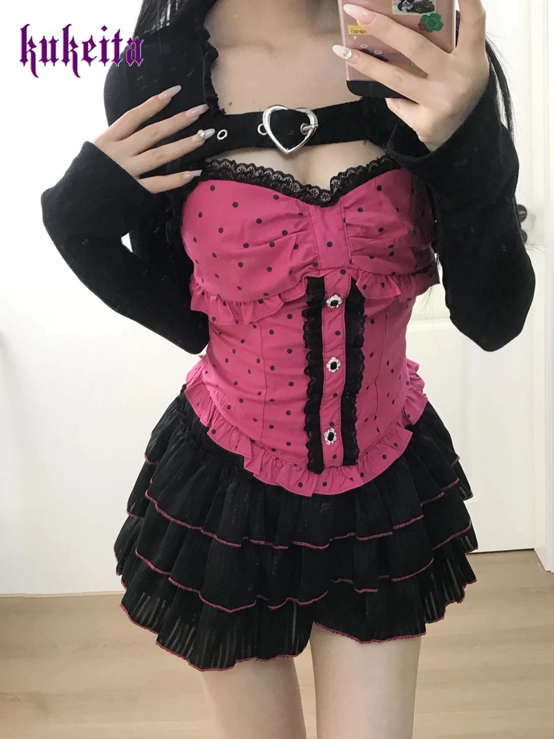Kukeita Gothic Lolita Women Kawaii Outfit Y2k Punk Pink Polka Dot Camisole+Cardigan+Mini Cake Skirt 3 Piece Sets Streetwear
Kukeita Gothic Lolita Women Kawaii Outfit Y2k Punk Pink Polka Dot Camisole+Cardigan+Mini Cake Skirt 3 Piece Sets Streetwear