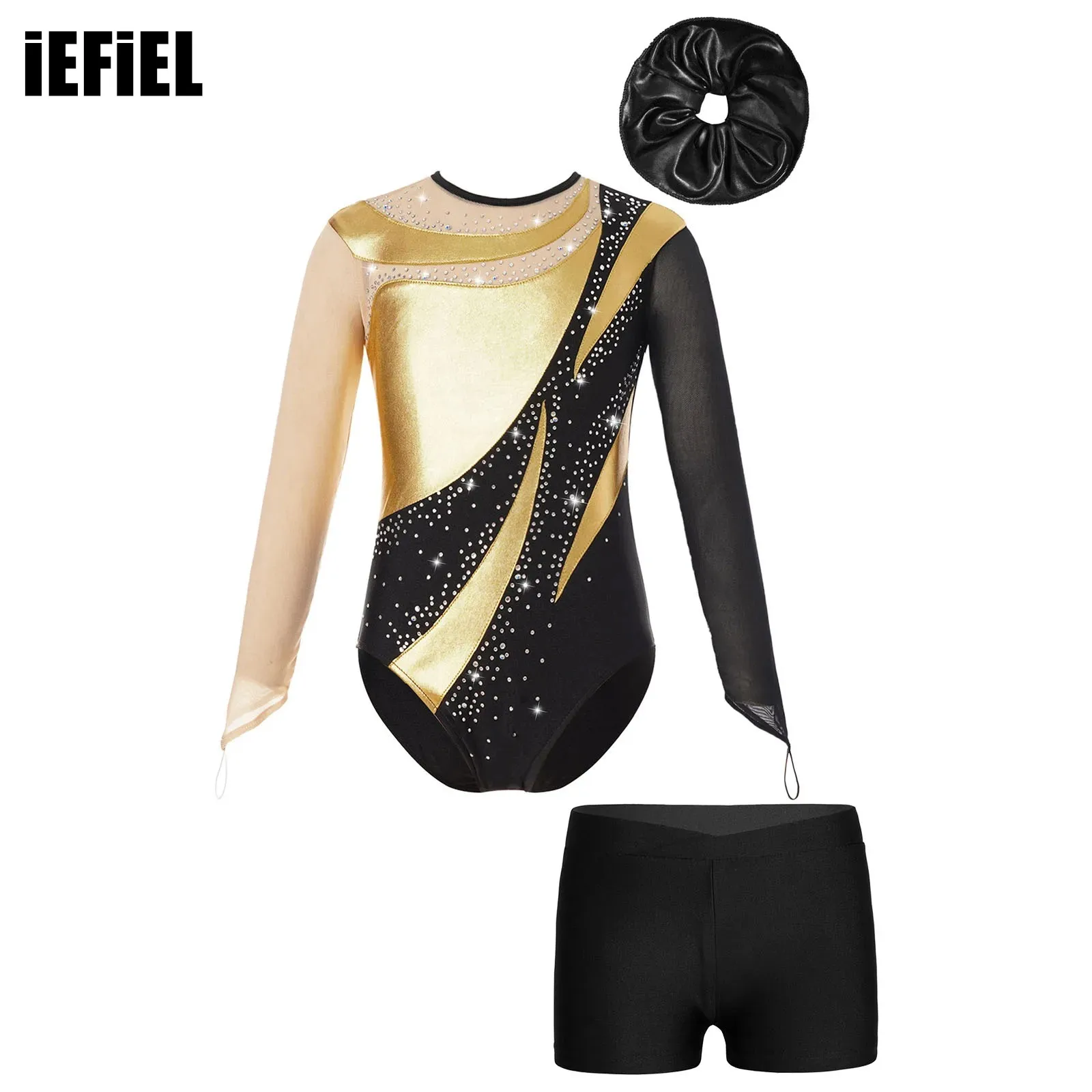 Kids Girls Gymnastic Performance Outfit Mesh Long Sleeve Keyhole Back Shiny Leotard with V-front Waistband Shorts Hair Band
Kids Girls Gymnastic Performance Outfit Mesh Long Sleeve Keyhole Back Shiny Leotard with V-front Waistband Shorts Hair Band