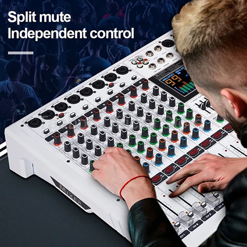 12-канальный аудиомикшер с 99 восходящими эффектами, звуковая панель, 48 В, фантомная мощность, микшерная консоль, беспроводная USB-звуковая карта для сцены караоке
12-канальный аудиомикшер с 99 восходящими эффектами, звуковая панель, 48 В, фантомная мощность, микшерная консоль, беспроводная USB-звуковая карта для сцены караоке