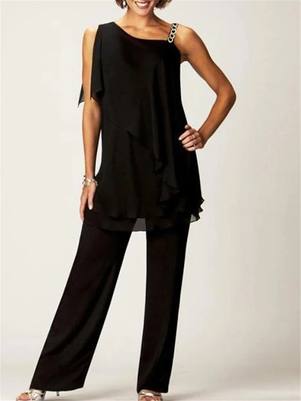 Jumpsuit Mother of the Bride Dress Sexy Bateau Neck Floor Length Chiffon Sleeveless with Buttons
Jumpsuit Mother of the Bride Dress Sexy Bateau Neck Floor Length Chiffon Sleeveless with Buttons