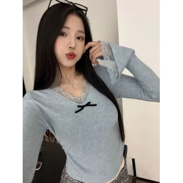 Sweet Lace Splice Knot Long Sve Knitted Sweater Women's Spring Faion V-ne Slim Fit Base irt Top
Sweet Lace Splice Knot Long Sve Knitted Sweater Women's Spring Faion V-ne Slim Fit Base irt Top