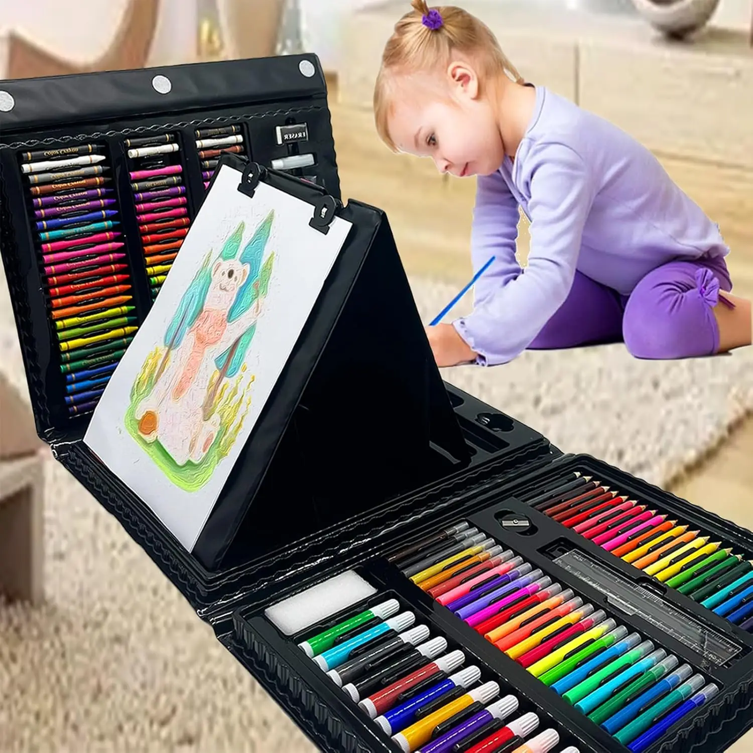 208 Pcs Art Set for Kids & Adults with Double Sided Trifold Easel, Oil Pastels, Crayons, Colored Pencils, Watercolor Pens, Black
208 Pcs Art Set for Kids & Adults with Double Sided Trifold Easel, Oil Pastels, Crayons, Colored Pencils, Watercolor Pens, Black