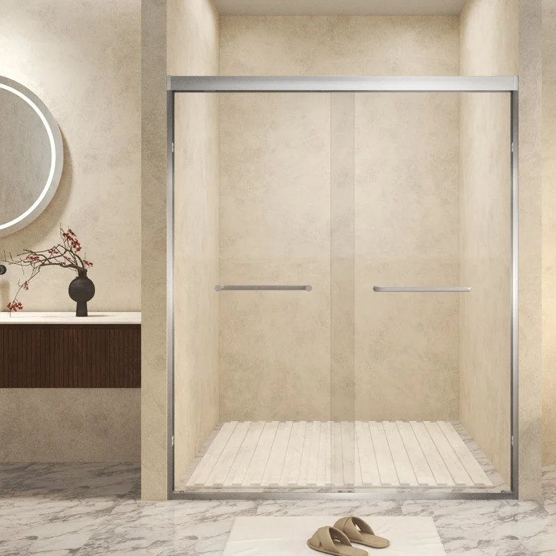 60" x 72" Tempered Glass Double Sliding Shower Door with Explosion Proof Film, Aluminum Frame, 6mm Thickness, Stainless Steel Handle, Brushed Nickel Finish
60" x 72" Tempered Glass Double Sliding Shower Door with Explosion Proof Film, Aluminum Frame, 6mm Thickness, Stainless Steel Handle, Brushed Nickel Finish