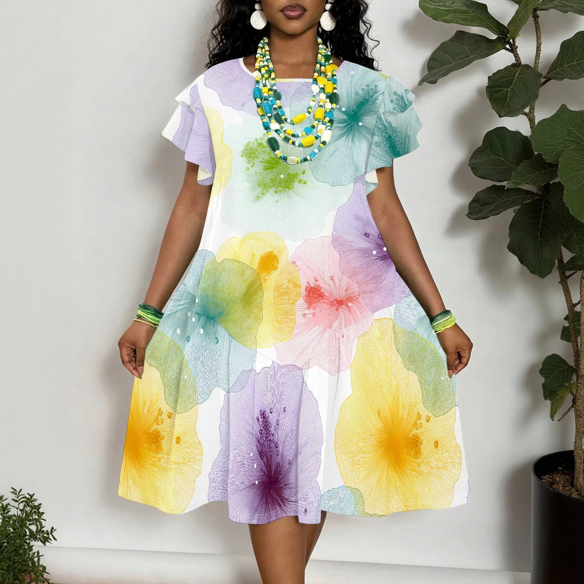 Women's Floral Print Short Sleeve Dress, Summer Casual Loose Fit Tunic with Ruffle Sleeves
Women's Floral Print Short Sleeve Dress, Summer Casual Loose Fit Tunic with Ruffle Sleeves
